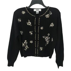 Vintage SEGUE Embellished Embroidered Black/Tan Cardigan Size M